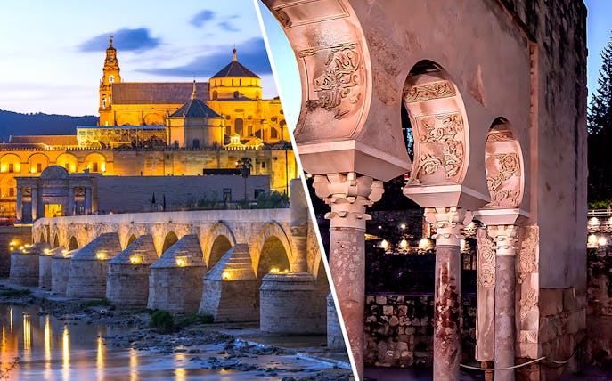 Cordoba Cathedral-Mosque at dusk and Medina Azahara arches illuminated at night.