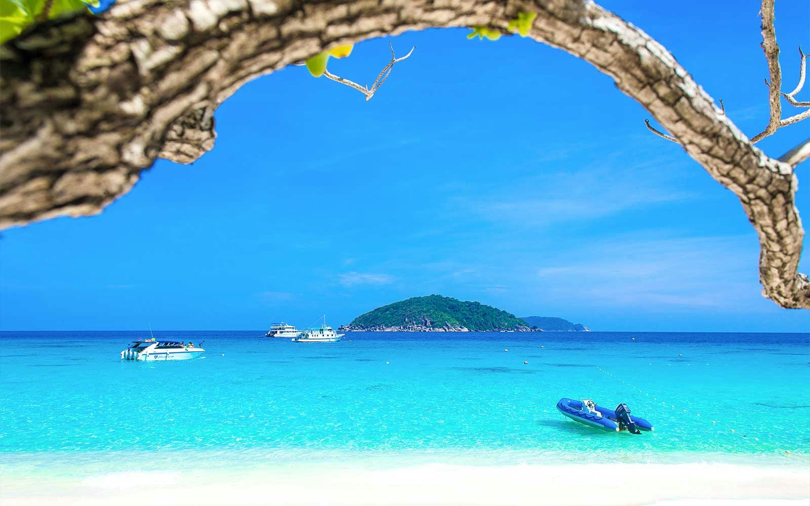 Boats on turquoise water near Similan Islands with lush island in the background.