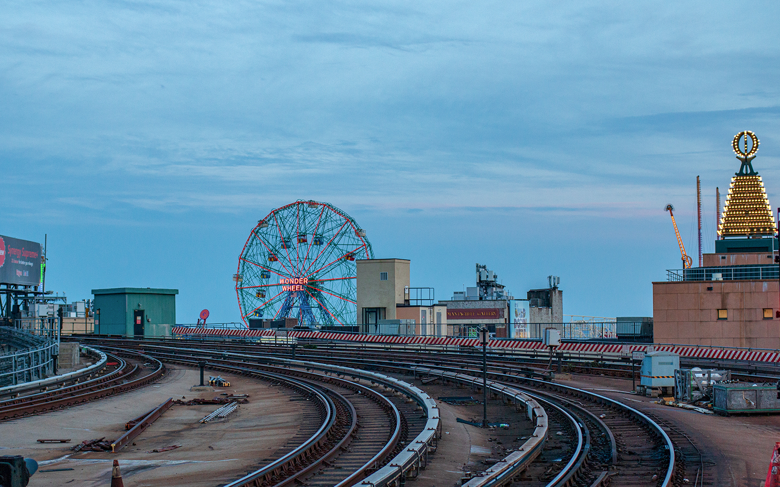 Night lights illuminated on ferris wheel at Coney Island