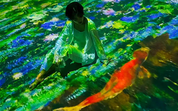Immersive Monet exhibition in Singapore with person interacting with digital water lilies and koi fish.