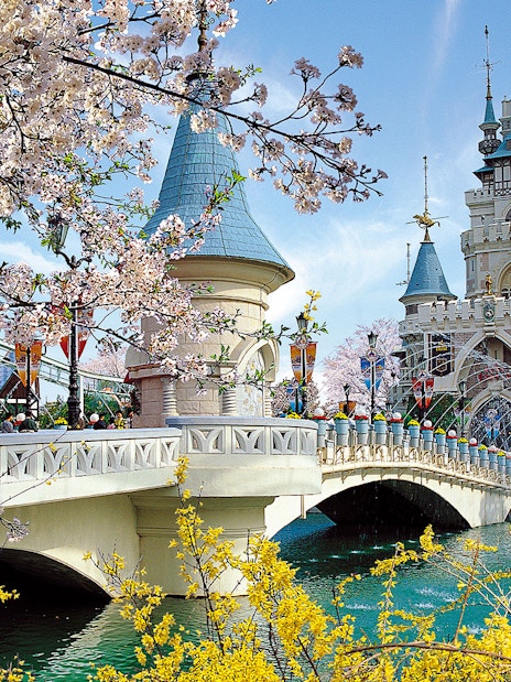 Lotte World castle with cherry blossoms and bridge in Seoul, South Korea.