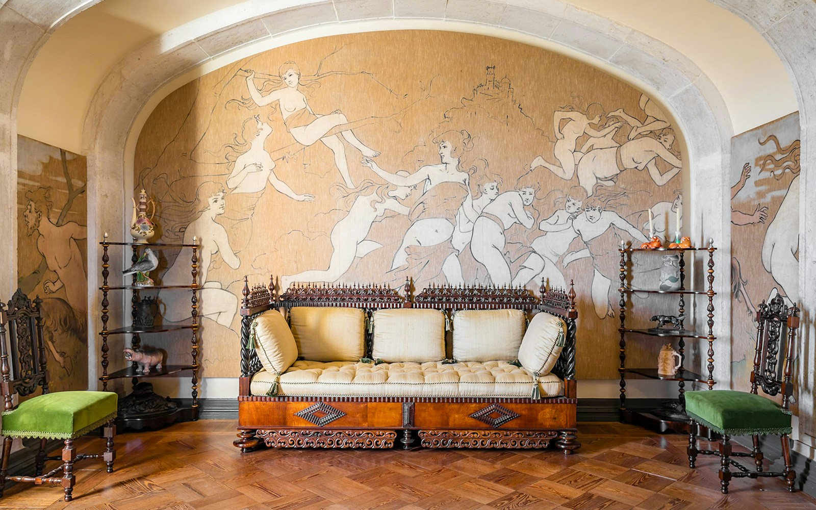 Pena Palace's King D. Carlos Cabinet with ornate furnishings and intricate woodwork, Sintra, Portugal.