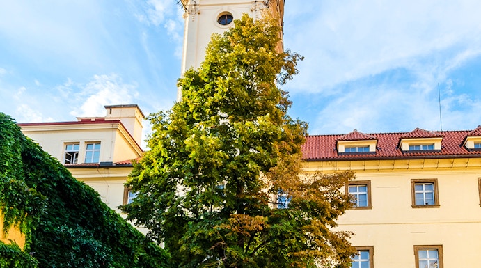 Klementinum courtyard with historic tower and ivy-covered walls in Prague.