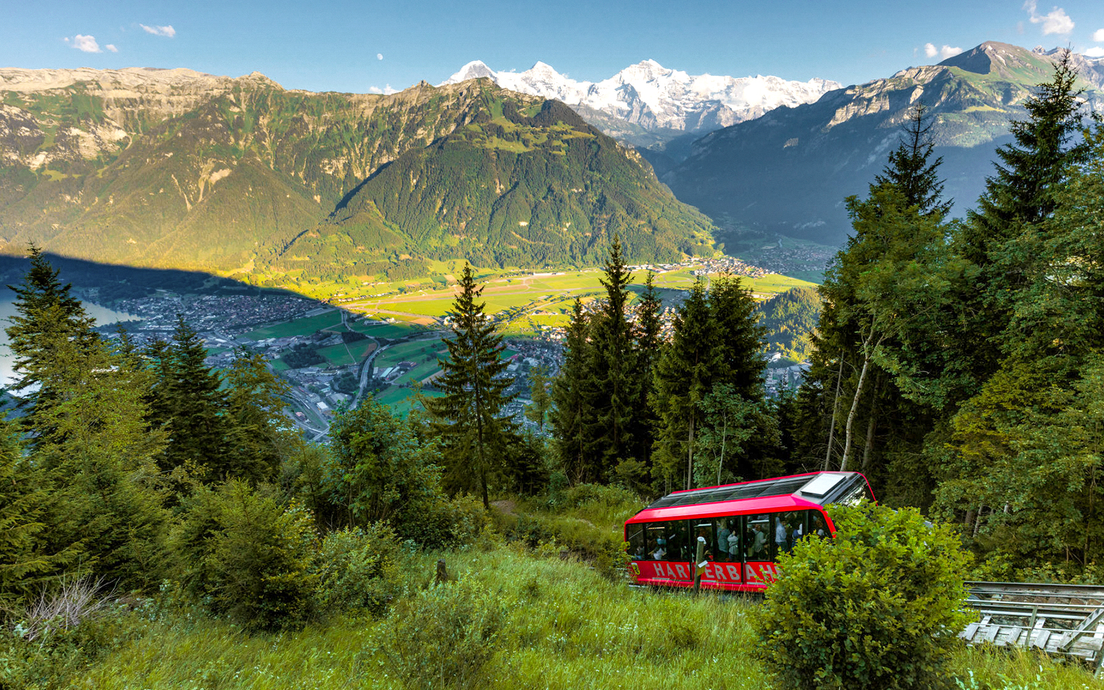 Harder Kulm funicular ascending through lush forest with Swiss Alps in the background.