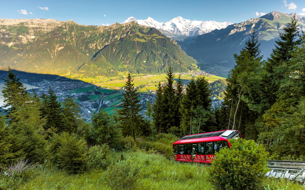 Harder Kulm funicular ascending through lush forest with Swiss Alps in the background.