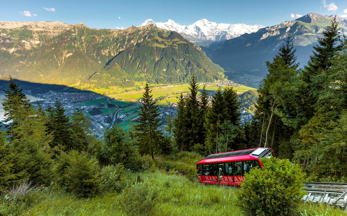 Harder Kulm funicular ascending through lush forest with Swiss Alps in the background.