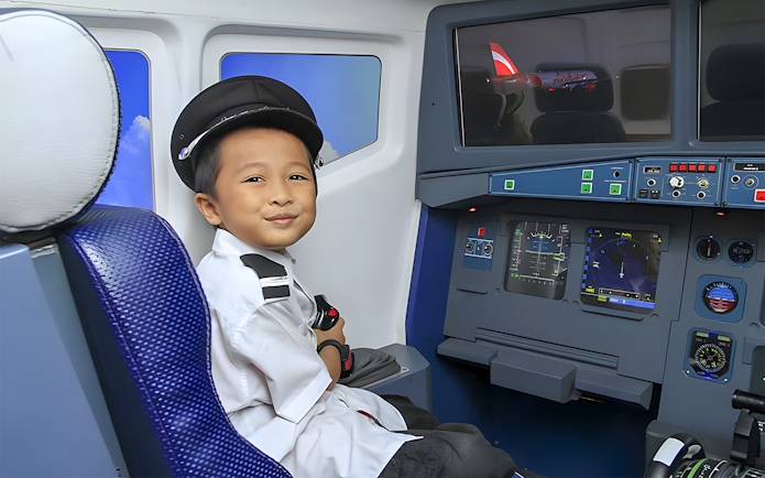 Boy in pilot uniform in airplane cockpit simulator, Kidzania, Abu Dhabi.