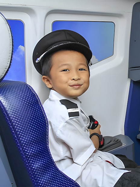 Boy in pilot uniform in airplane cockpit simulator, Kidzania, Abu Dhabi.