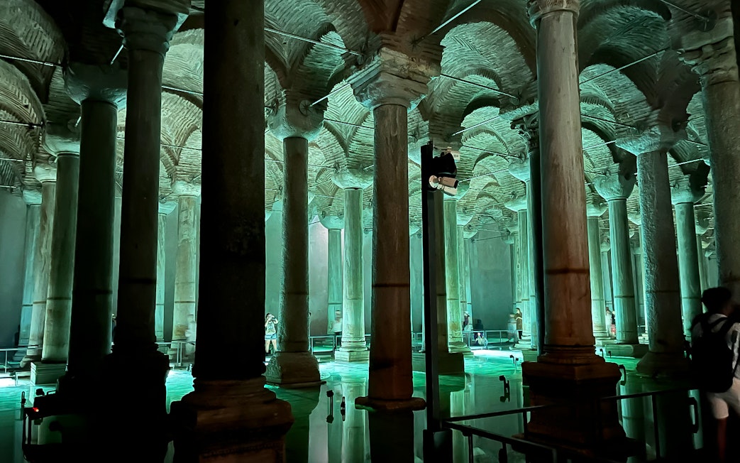 Basilica Cistern's illuminated columns in Istanbul, part of skip-the-line tour package.