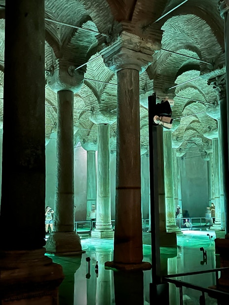 Basilica Cistern's illuminated columns in Istanbul, part of skip-the-line tour package.