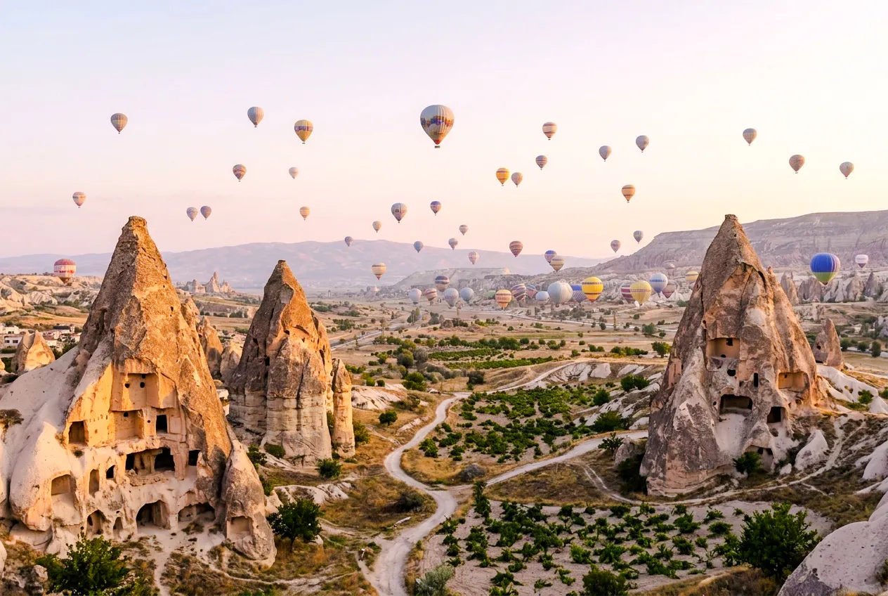 Hot air balloons over Cappadocia's rock formations during a private tour.