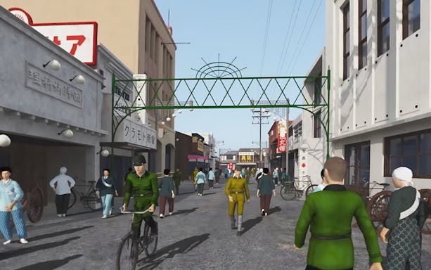 Street scene in Hiroshima with people walking and cycling under a green archway.