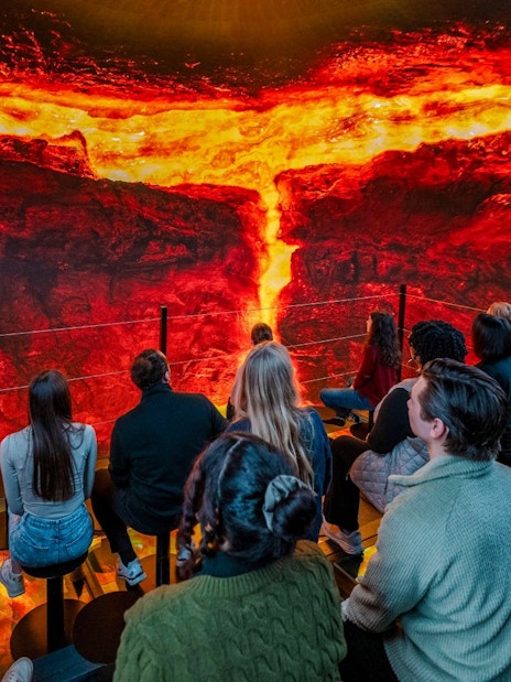 Guests viewing a lava exhibit inside Perlan Museum, Reykjavik.