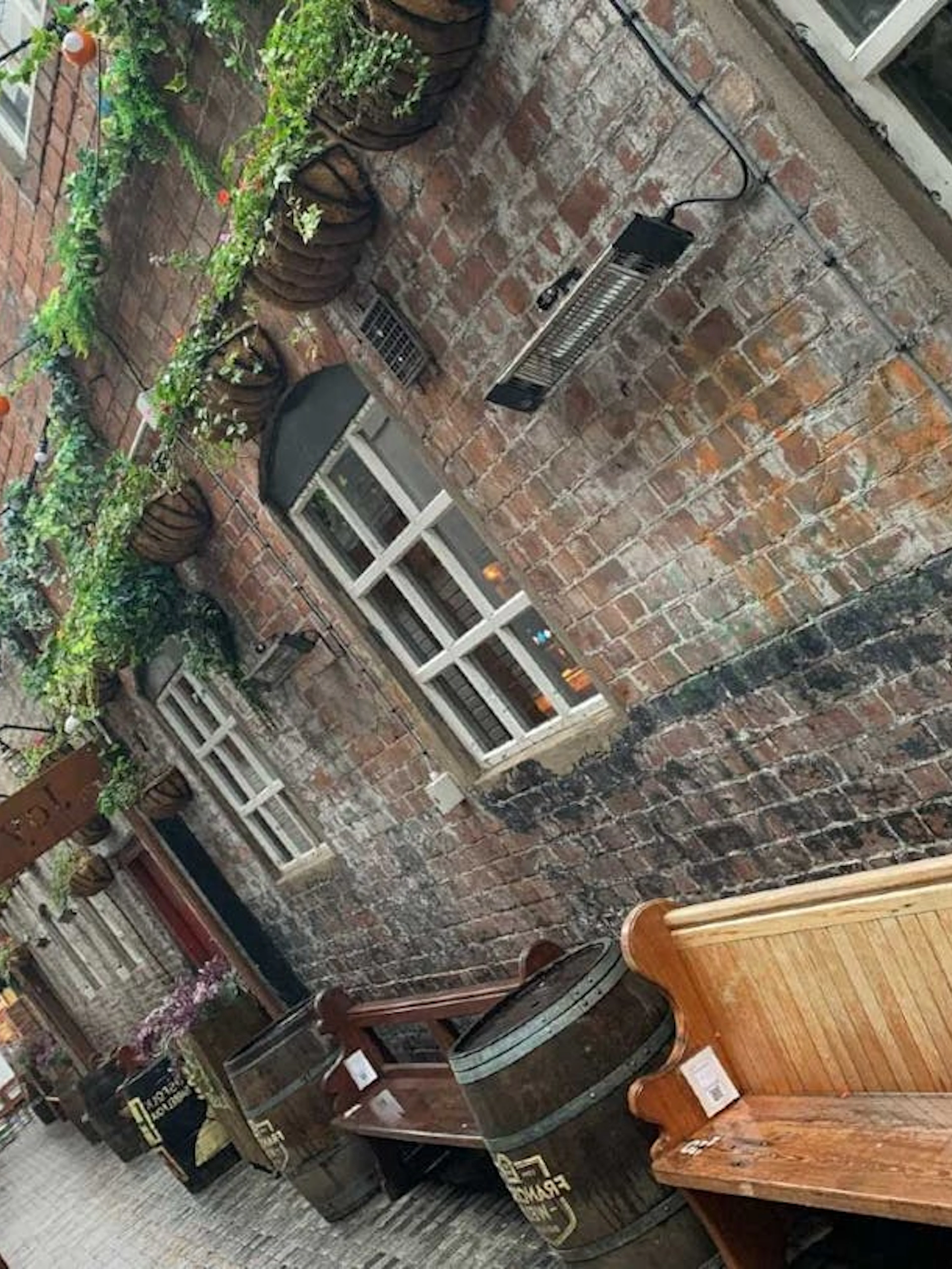 Narrow alleyway in Belfast with hanging plants and benches, part of the Ghosts of Belfast exploration game.