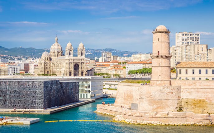 Marseille sea district with Fort Saint-Jean and Cathédrale de la Major in view.