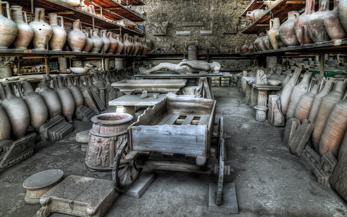 Ancient artifacts and pottery in a storage room at Pompeii, Italy.