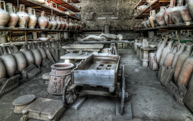Ancient artifacts and pottery in a storage room at Pompeii, Italy.