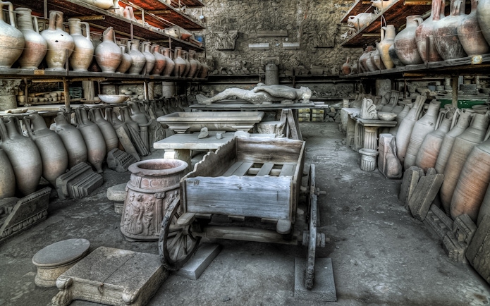 Ancient artifacts and pottery in a storage room at Pompeii, Italy.