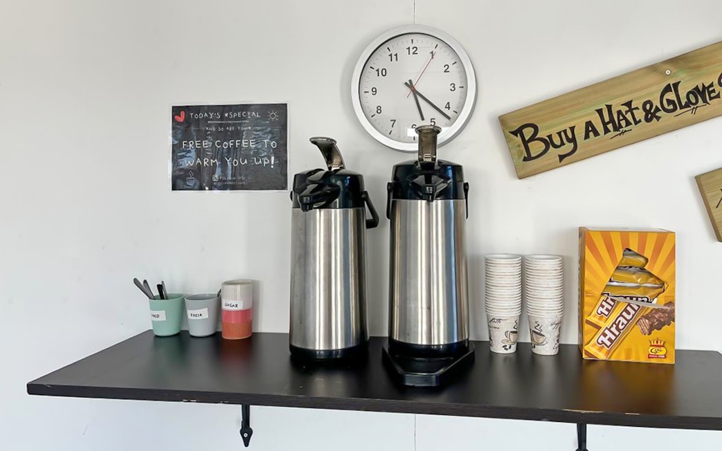 Free coffee station with thermoses and cups for Glacier expedition at Vatnajökull.