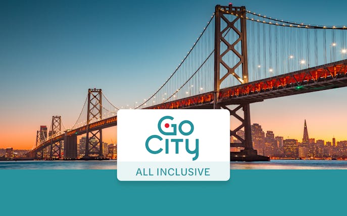 San Francisco skyline and bridge at sunset with Go City All-Inclusive Pass logo.
