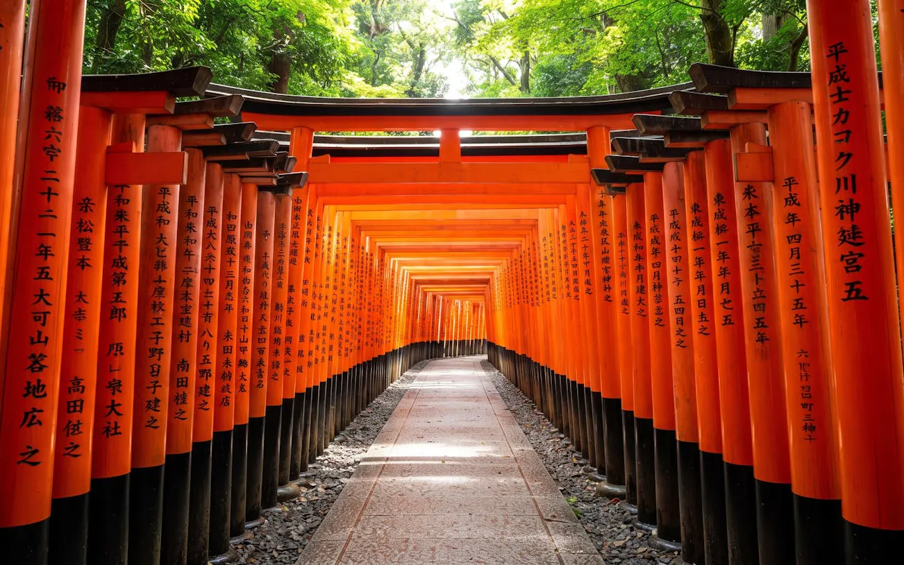 Torii gates at Fushimi Inari Shrine, Kyoto, illuminated path through vibrant orange arches.