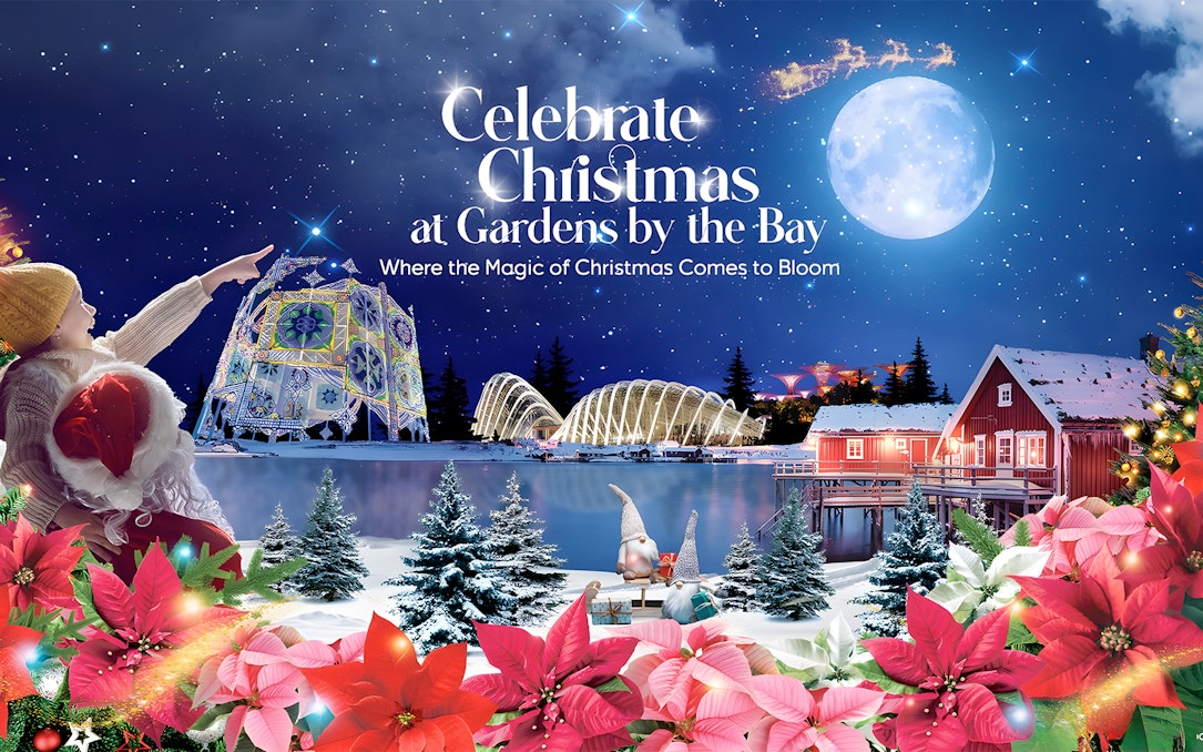 Gardens by the Bay Christmas display with Supertree Observatory and festive decorations.