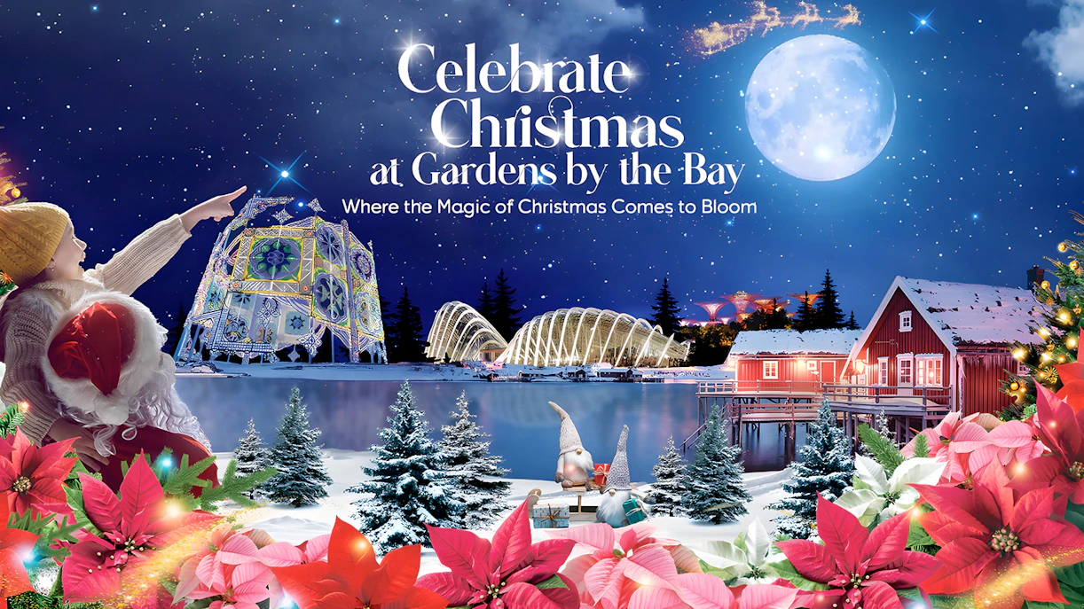 Gardens by the Bay Christmas display with Supertree Observatory and festive decorations.