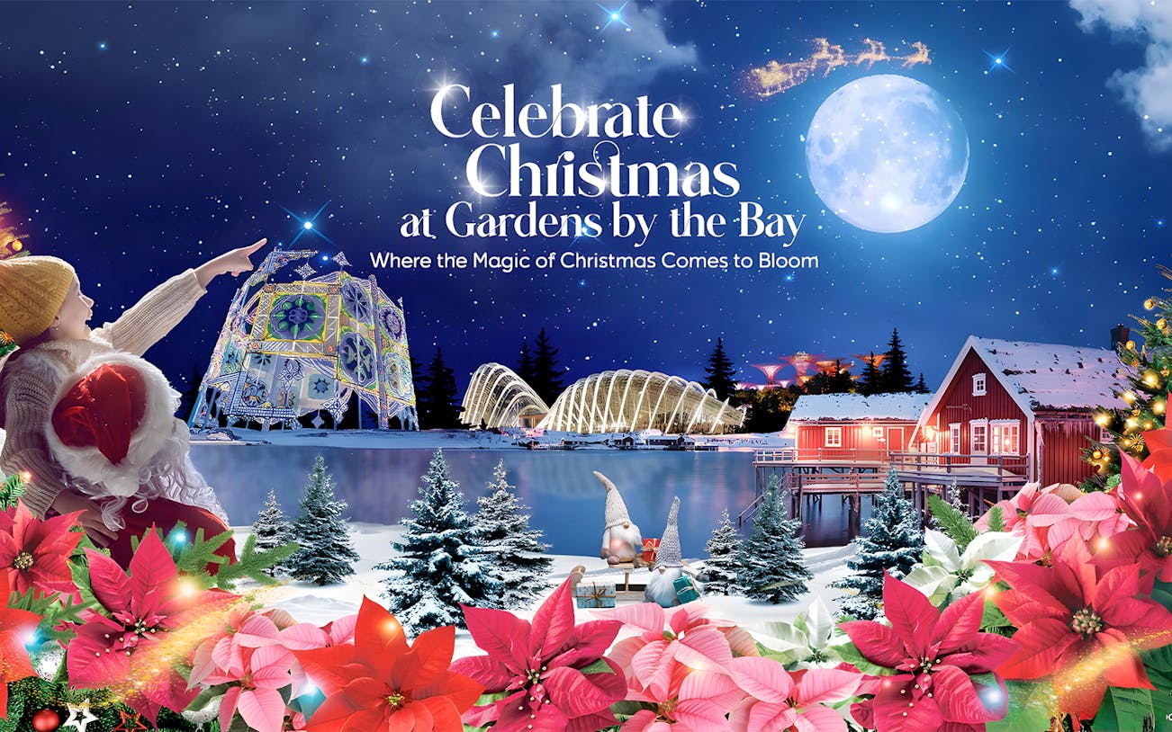 Gardens by the Bay Christmas display with Supertree Observatory and festive decorations.