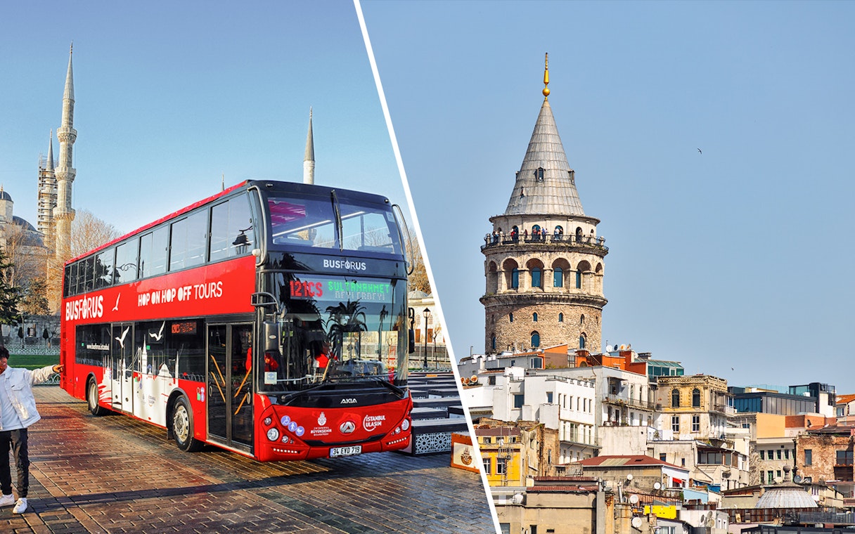 Hop-on hop-off bus near Istanbul's Blue Mosque and Galata Tower.