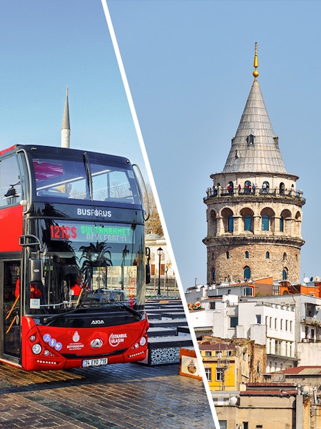 Hop-on hop-off bus near Istanbul's Blue Mosque and Galata Tower.