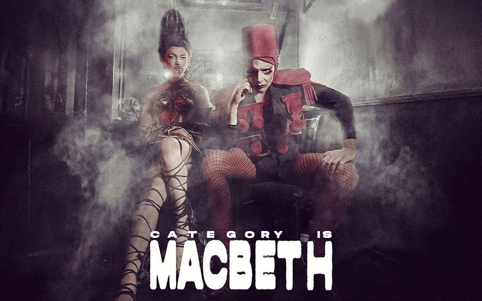 Performers in theatrical costumes with dramatic makeup and smoke, promoting Macbeth Westend.