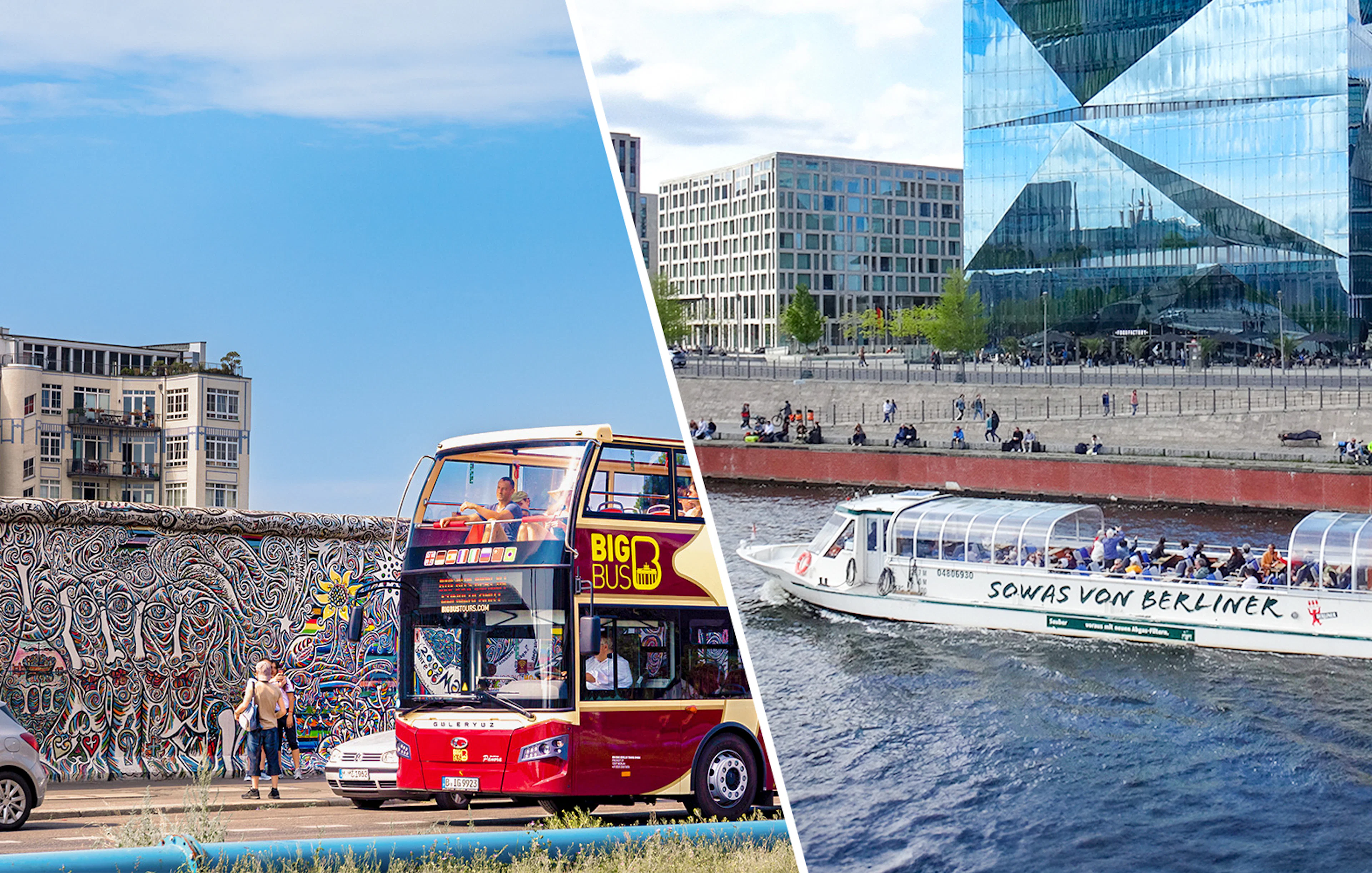 Berlin Hop-On Hop-Off bus near East Side Gallery and Spree River cruise boat.