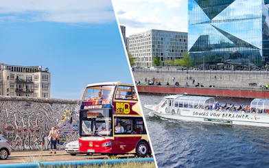 Berlin Hop-On Hop-Off bus near East Side Gallery and Spree River cruise boat.