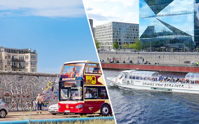 Berlin Hop-On Hop-Off bus near East Side Gallery and Spree River cruise boat.