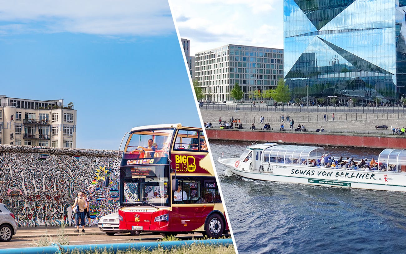 Berlin Hop-On Hop-Off bus near East Side Gallery and Spree River cruise boat.
