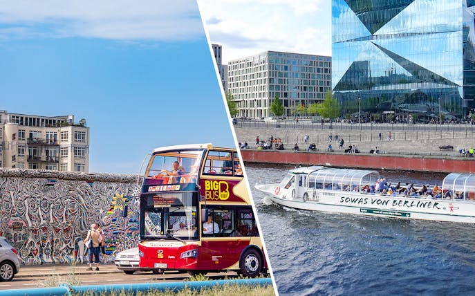 Berlin Hop-On Hop-Off bus near East Side Gallery and Spree River cruise boat.