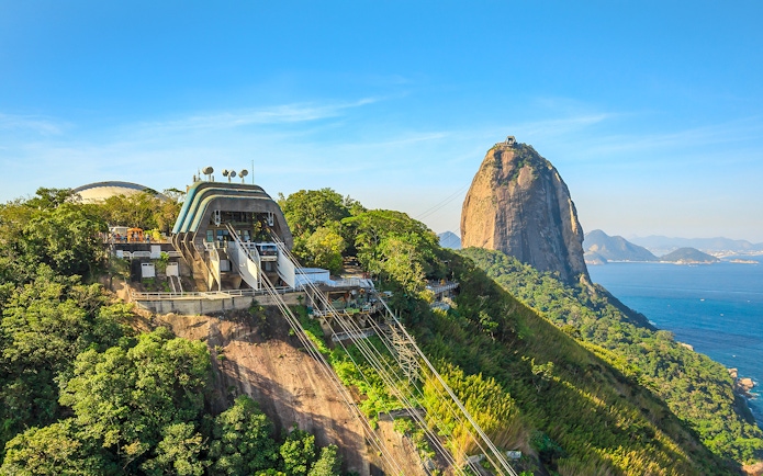 Cable car station at Sugarloaf Mountain, Rio de Janeiro, with ocean view.