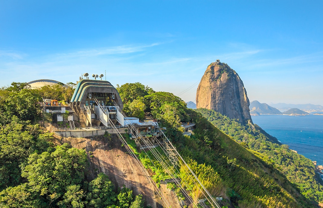 Cable car station at Sugarloaf Mountain, Rio de Janeiro, with passengers boarding.