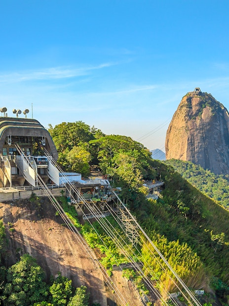 Cable car station at Sugarloaf Mountain, Rio de Janeiro, with ocean view.