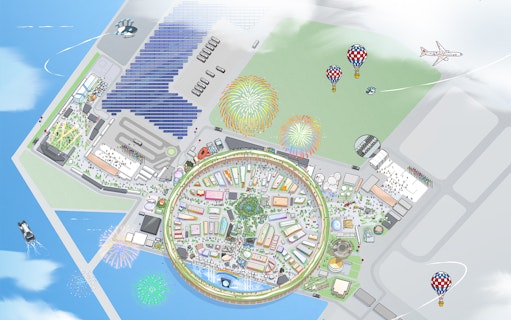 Aerial view of Expo 2025 Osaka site with fireworks and hot air balloons.