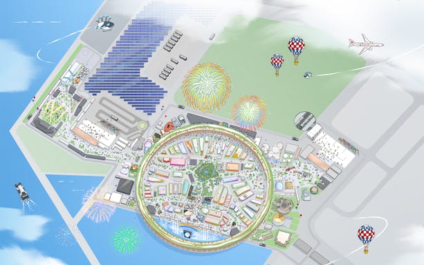 Aerial view of Expo 2025 Osaka site with fireworks and hot air balloons.