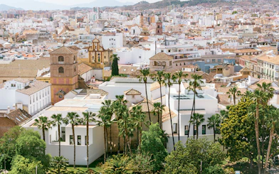 Aerial view of Picasso Museum and surrounding architecture in Malaga, Spain.