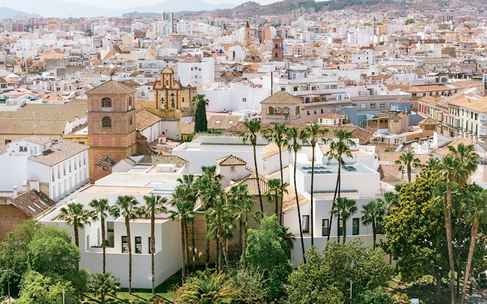 Aerial view of Picasso Museum and surrounding architecture in Malaga, Spain.