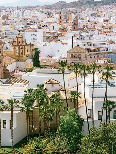 Aerial view of Picasso Museum and surrounding architecture in Malaga, Spain.