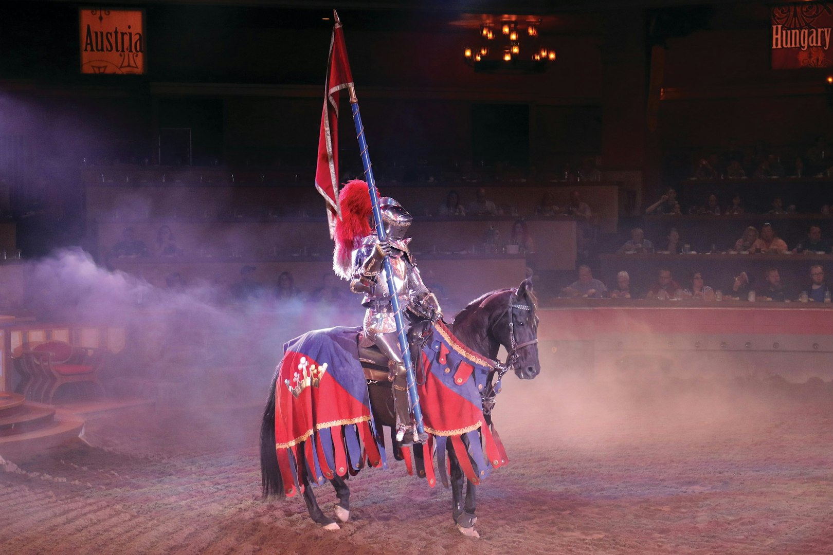 Knight on horseback with flag at Tournament of Kings, Vegas show.