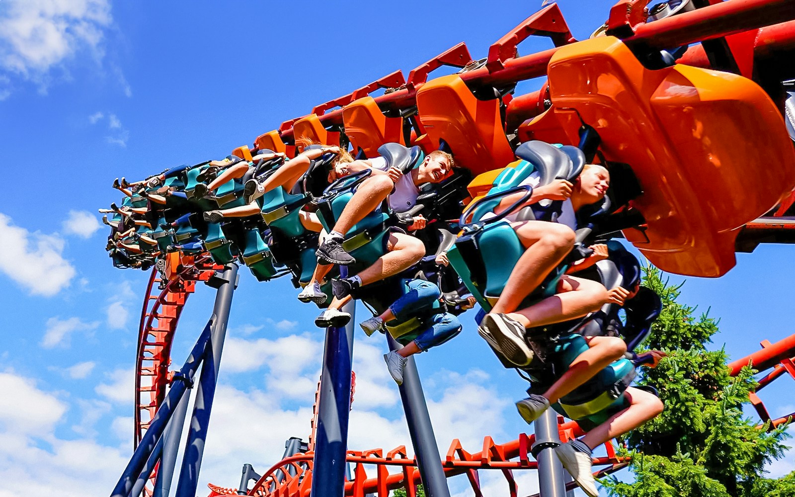 Tourists on the Vampire roller coaster at Walibi Belgium.