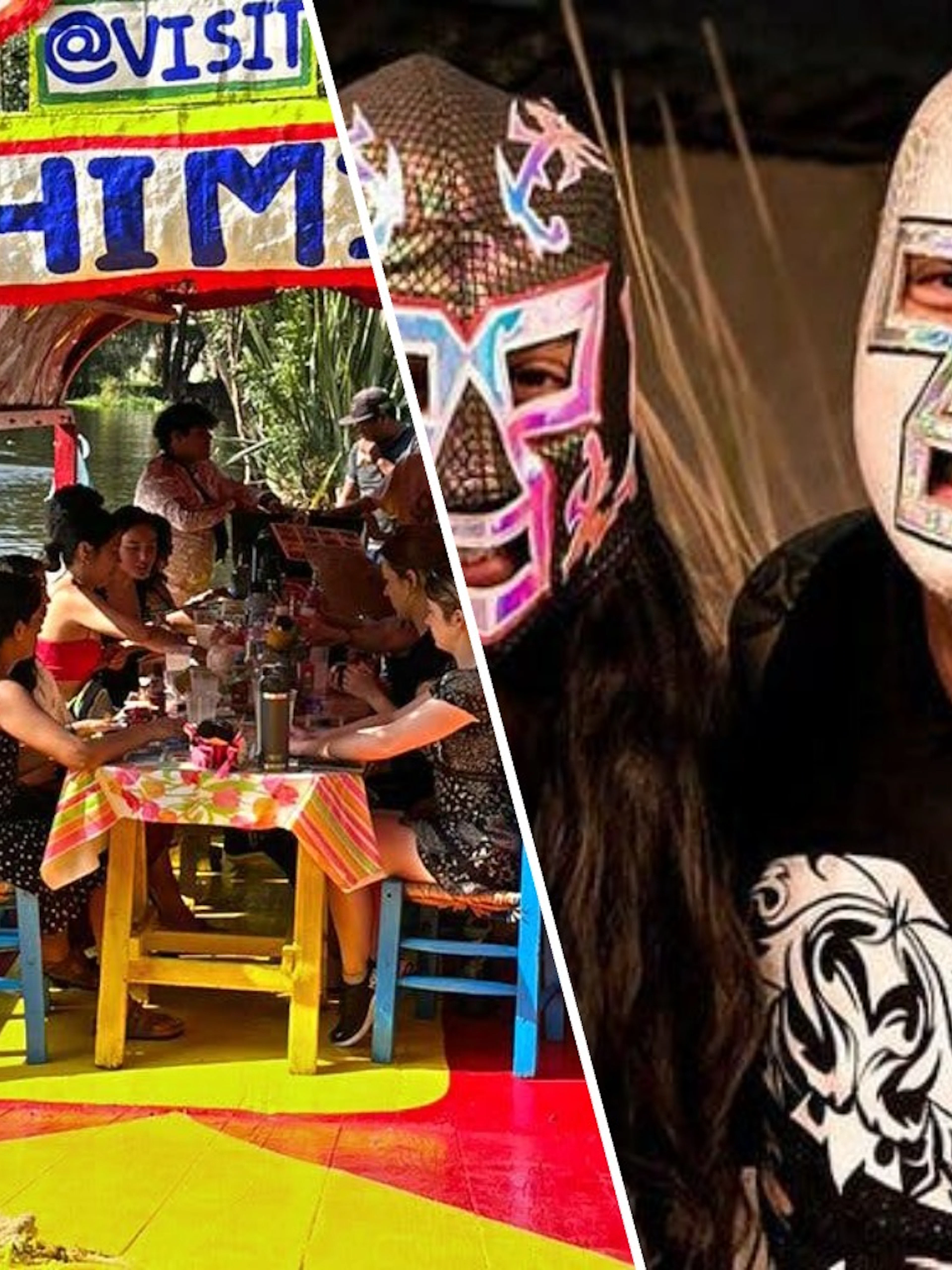 Colorful boat on Xochimilco canals with people dining, alongside a masked Lucha Libre wrestler.