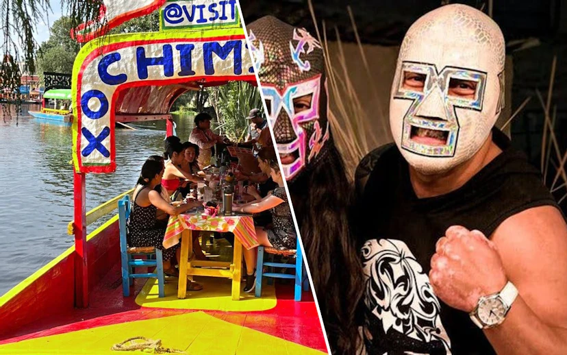 Colorful boat on Xochimilco canals with people dining, alongside a masked Lucha Libre wrestler.