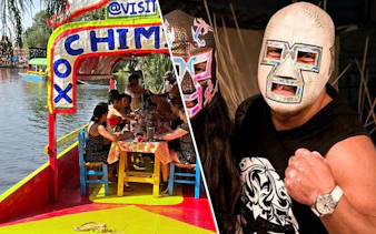 Colorful boat on Xochimilco canals with people dining, alongside a masked Lucha Libre wrestler.