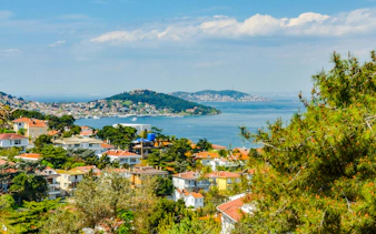 Scenic view of Princes' Islands from Buyukada, showcasing lush greenery and coastal landscape.